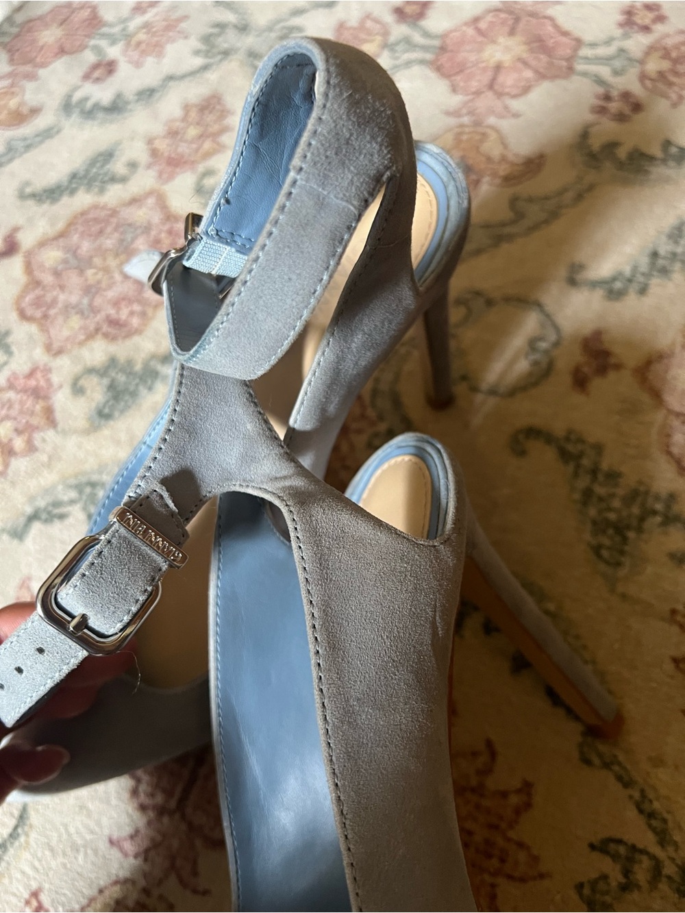 Gianni Bini Light Blue Suede Pointed-Toe Slingback Heels with Ankle Strap - Picture 4 of 7
